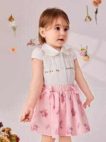 SHEIN Baby Girls' Embroidered Top + Digital Printed A-Line Skirt Set, 2pcs