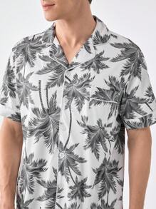 Men's Tropical Print Short Sleeve Shirt And Solid Color Shorts Homewear Set - Black and White - View 6