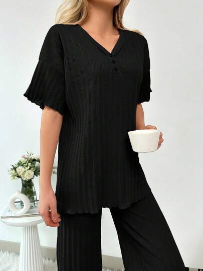 SHEIN 100%Cotton 2Pcs/ Tall Women's Button Details And Lettuce Trim Detail Homewear Lounge Set V Neck Lounge Wear Pajama Sets For Women Black Black Lounge Set Women Lounge Wear Sets