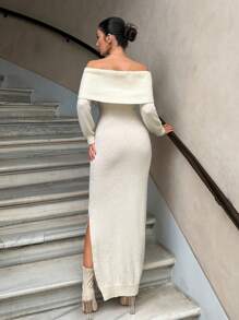 EURMUSE Off-Shoulder Collar Knitted Sweater Dress - Apricot - View 3