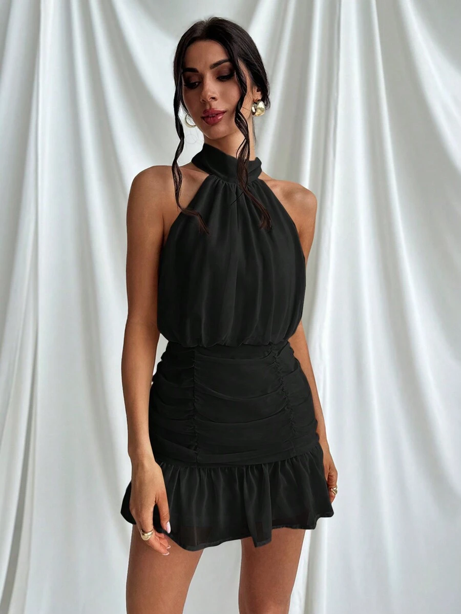 Firerie 女款褶皺修身浪漫優雅度假沙灘連衣裙（露背款） - 黑色 - 查看 1