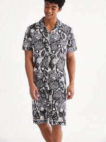 Set di camicia a manica corta e pantaloncini a stampa completa per uomo per abbigliamento casalingo in estate - Multicolore - Visualizzare 7