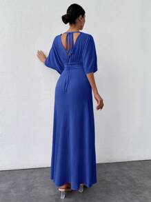 EURMUSE Women's Solid Color Minimalist Short Sleeve Dress For Daily Wear - Royal Blue - View 2