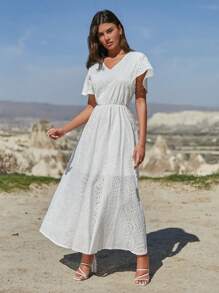 RueChic Textured Fabric Hollow Embroidery Cinched Waist Ruffle Sleeve Holiday Style Dress - White - View 4