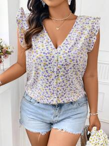 Calvaya Plus Size V-Neck Flutter Sleeve French Style Floral Shirt - Mauve Purple - View 3