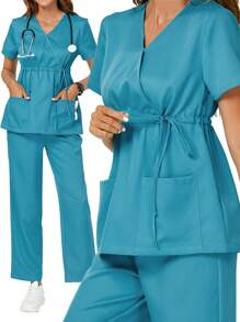 TaskEZ 帶口袋和褲子的束口V領純色短袖上衣組套裝 - 藍色 - 查看 11