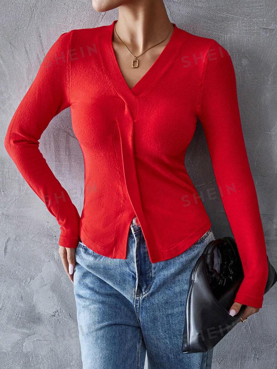 SHEIN Essnce Jersey rojo para mujeres versátil, sexy para la primavera/otoño, perfecto para usar en capas - Rojo - Ver 1