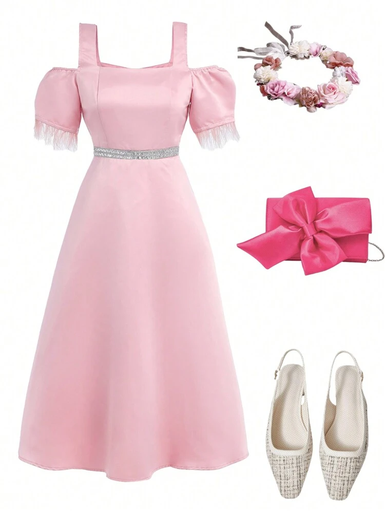 Teen Girl Pink Square Collar Drop Shoulder Fake Feathers Decor Rhinestone Waist Cocktail Dress