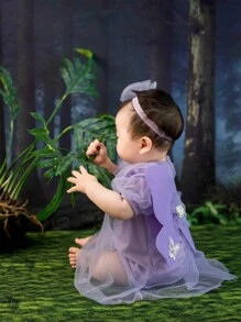 女嬰攝影服裝，蝴蝶翅膀和網紗裙，適用於30/100天慶祝活動 - 紫色 - 查看 2