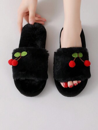 Nuevas pantuflas de felpa con correa de cereza para mujer, estilo coreano para el hogar