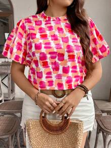SHEIN LUNE Plus Size Women's Random Printed Simple Daily Shirt - Multicolor - View 3