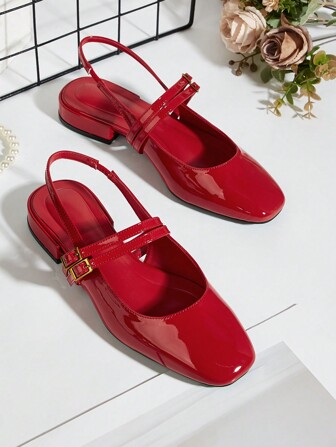 2025秋季休闲/办公酒红色漆皮方头蝴蝶结装饰带粗跟凉鞋/芭蕾平底鞋