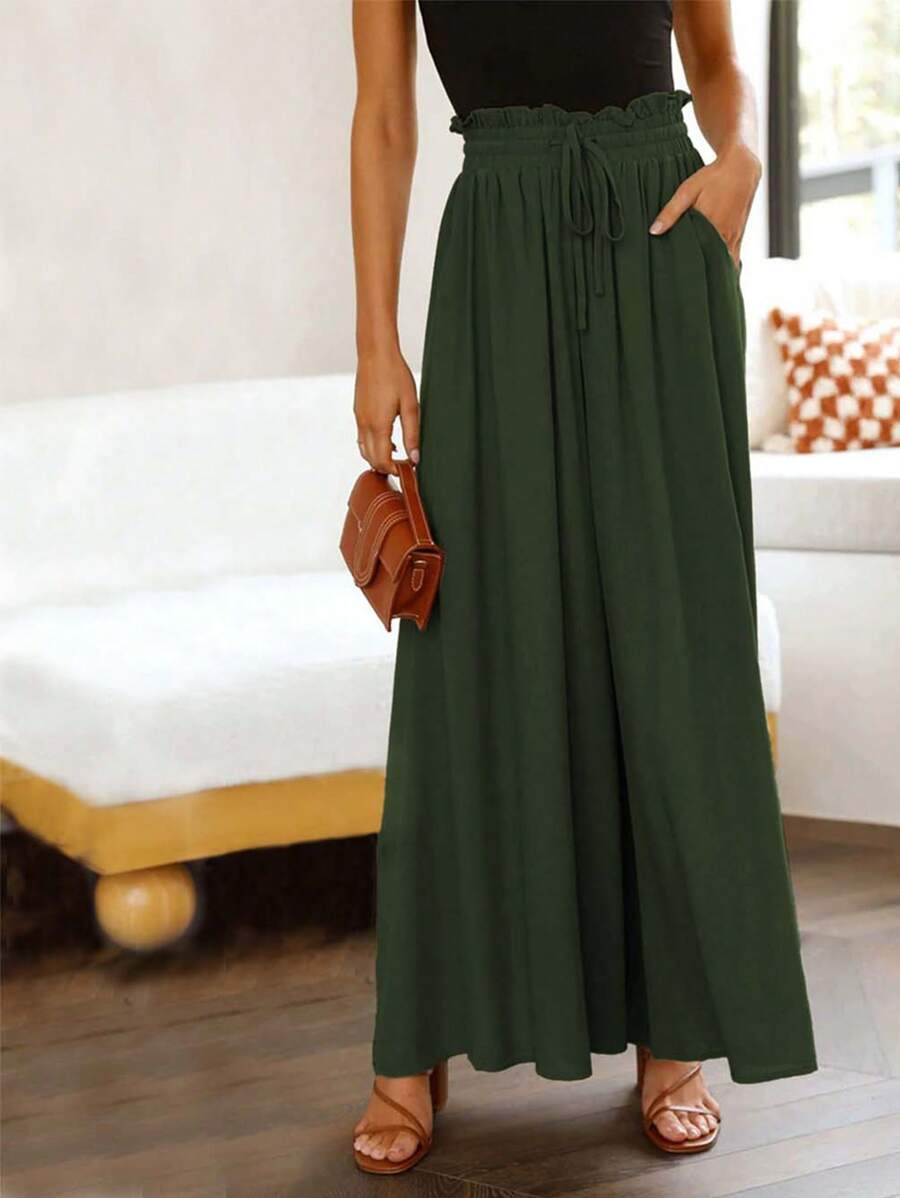 SHEIN LUNE Women's Casual Solid Color Wide Leg Pants Fall Cloth For Women - Green - View 1