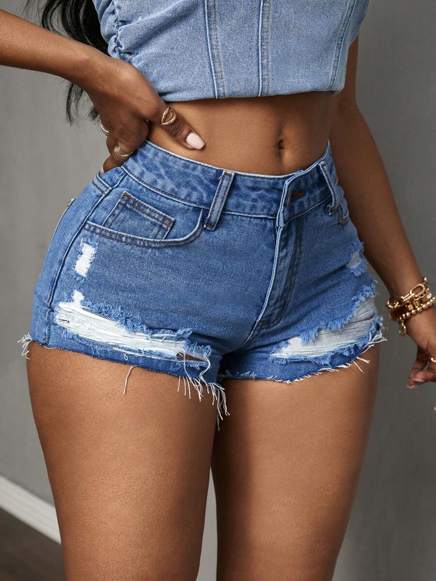 Slaydiva 夏季休閒磨損水洗牛仔短褲 - 淺色水洗藍 - 查看 1