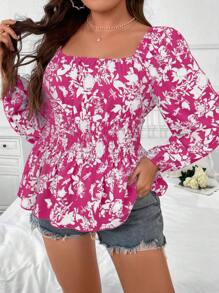 Celure Chemise décontractée à manches longues imprimée de fleurs et de grande taille avec encolure carrée pour l'été