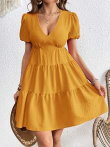 SHEIN VCAY Wedding Women Dresses Vacation Spring/Summer Solid Color Woven V-Neck Puff Sleeve Dress - Yellow - View 4