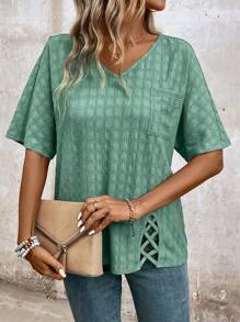 EMERY ROSE Women's Summer V-Neck Batwing Sleeve Loose T-Shirt With Pocket And Cross Hem