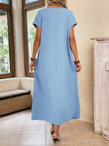 EMERY ROSE Women's Solid Color Round Neck Batwing Sleeve Casual Summer Dress - Baby Blue - View 2