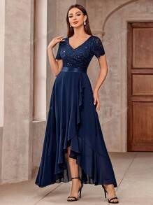MIUSOL Elegant V-Neck Sequin Floral Lace Ruffle Trim High Low Hem Formal Party Long Dress Prom Evening Wedding Guest Gown, For Graduation, Dinner