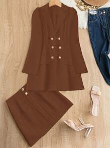 Chiquease 2pcs/Set Front Button Suit Jacket And Skirt Set - Brown - View 4