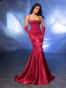 SHEIN Belle Elegant AtmosphereBurgundy Sequins SplicingWide Shoulder StrapsHigh Waist Slim Fishtail A HemBack Adjustable StrapInformal WeddingParticipate In WeddingsEventsBachelor BashPartyBack To School OutfitsHeavy Duty Dinner Party