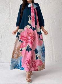Al Najma 花卉印花女士简约日常连衣裙，休闲宽松阿拉伯朴素长袖连衣裙 - 彩色 - 查看 1