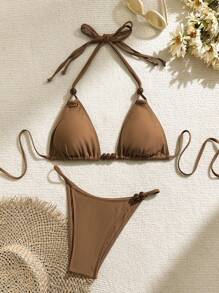 SHEIN Swim Women Solid Color Halter Bra & Bikini Bottom Sexy Bikini Set Bathing Suit For Holiday Summer - Coffee Brown - View 1