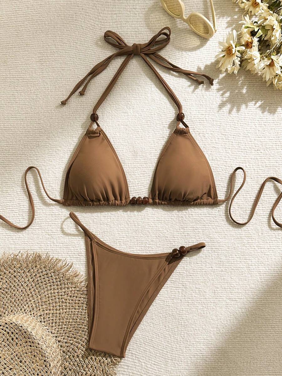 SHEIN Swim Women Solid Color Halter Bra & Bikini Bottom Sexy Bikini Set Bathing Suit For Holiday Summer - Coffee Brown - View 1