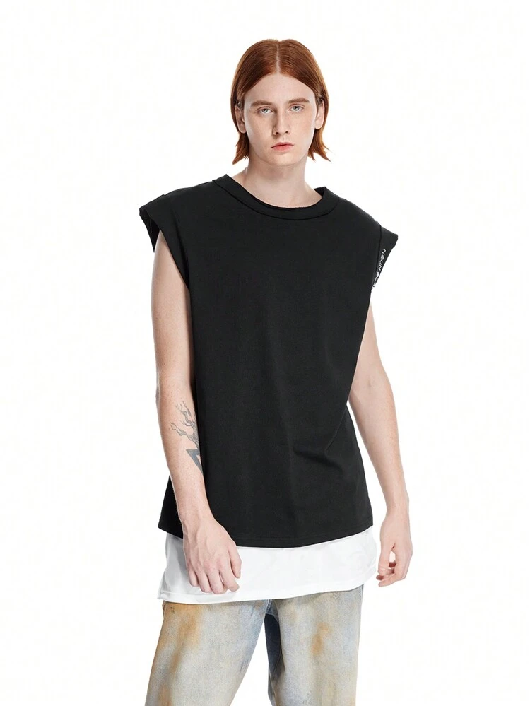 High Frequency Processed Black Knitted Deconstructed Oversized Sleeveless Men's Tank Top With Round Collar And Slogan, Made Of Pure Cotton, Suitable For Daily Wear, Spring/Summer Season
