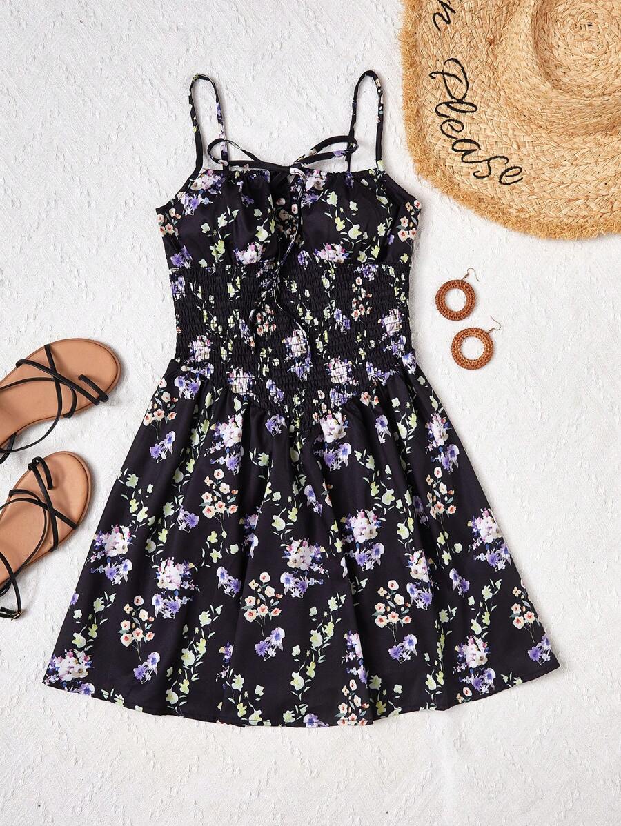 SHEIN Unity Spaghetti Strap Ditsy Floral Dress With Front Tie Knot And Waist Shirred - Black - View 1