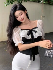 DAZY Áo cánh tay ngắn phối ren vá ngày lễ tình nhân dành cho nữ mùa hè, áo kiểu dáng preppy xếp nếp - màu đen - Xem 1