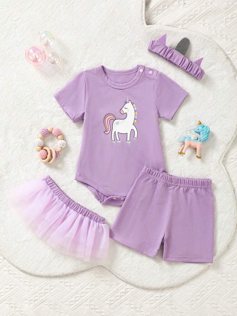 SHEIN Baby Girls' Cute Unicorn Printed Short Sleeve Romper With Shorts, Mesh Skirt And Headband Set, Homewear - Mauve Purple - View 1