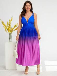 SHEIN Clasi Fashionable Plus Size Gradient Pleated Spaghetti Strap Dress For Summer