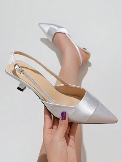 2025秋冬女士纯色尖头露跟细高跟鞋，带踝带，优雅日常穿着，适合户外购物，春夏款，粉色缎面可搭配连衣裙，优雅女士高跟鞋