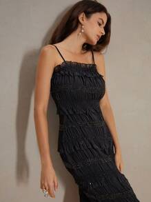Anewsta Glitter Ruffle Trim Slim Strap Solid Color Summer Spaghetti Strap Dress - Black - View 6