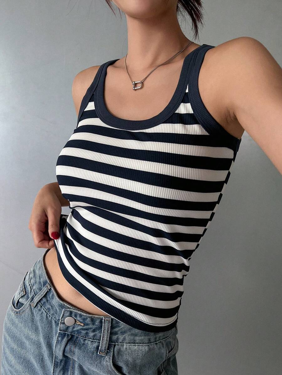 DAZY 女性夏季休閒條紋圓領無袖背心 - 藏蓝色 - 查看 1