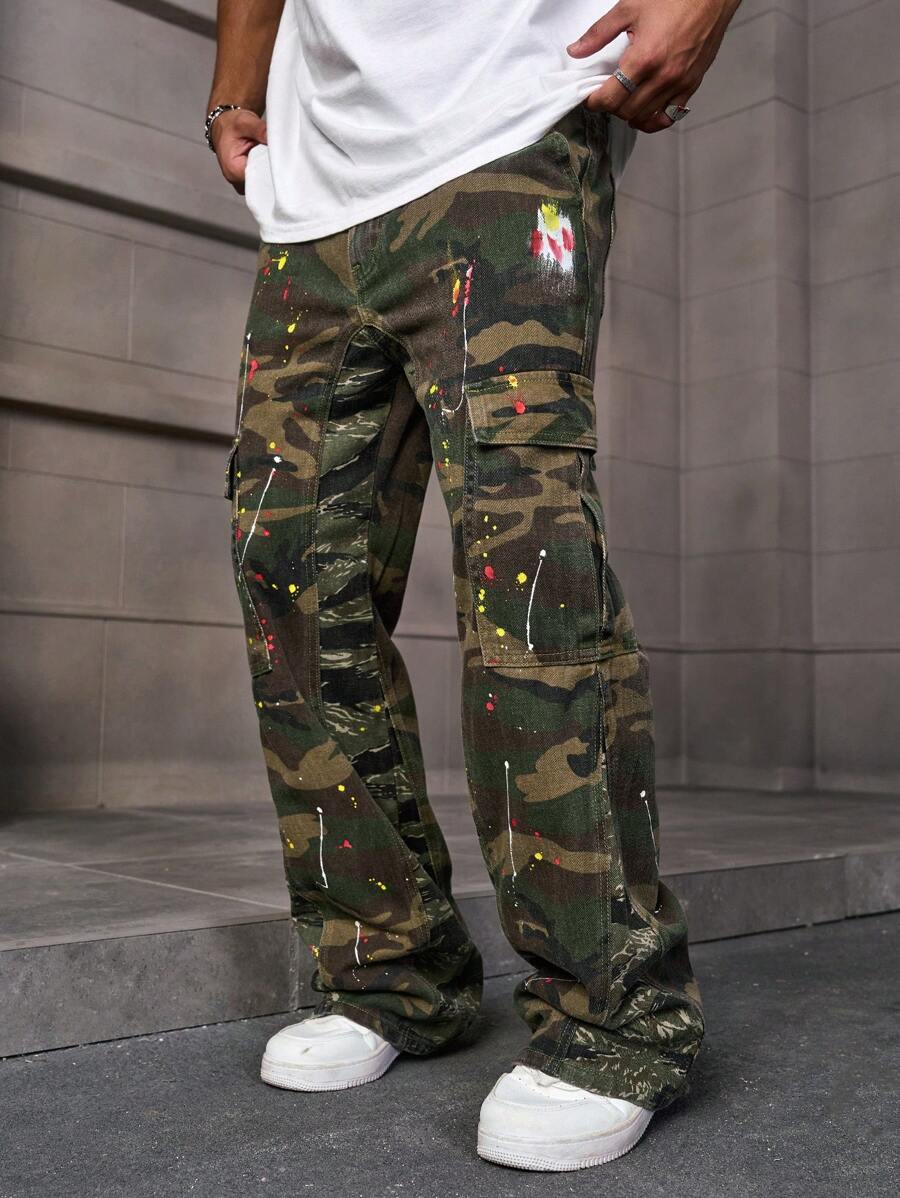 PAVTROS Men's Casual Ink Splatter Camouflage Printed Cargo Jeans, Camo Pants, Long Baggy Washed Cargo Jeans, For Husband, Boyfriend Gifts Going Out Hang Out Commute Street - Army Green - View 1