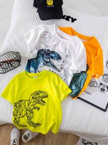 Set de 3 camisetas de manga corta con cuello redondo y gráfico de dinosaurio lindo para niño, conjunto informal para exterior, calle, fiesta, paseo por la ciudad