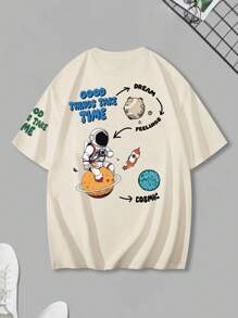 Claim Dot 男士夏季鬆身休閒T恤，口號印花，圓領，下垂肩設計 - 卡其色 - 查看 3