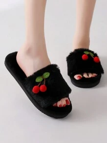 Fall/Winter New Plush Cherry Strap Slippers For Women, Korean Style Home Slippers,Christmas Outfits,Fluffy Slippers - Black - View 2