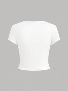 SHEIN 4 件装少女针织纯色短袖休闲 T 恤套装 - 玫紅色 - 查看 3