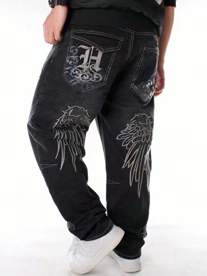 Grunge Punk Men's Loose-Fit Wide-Leg Jeans With Letter And Wing Print, Casual And Versatile, School