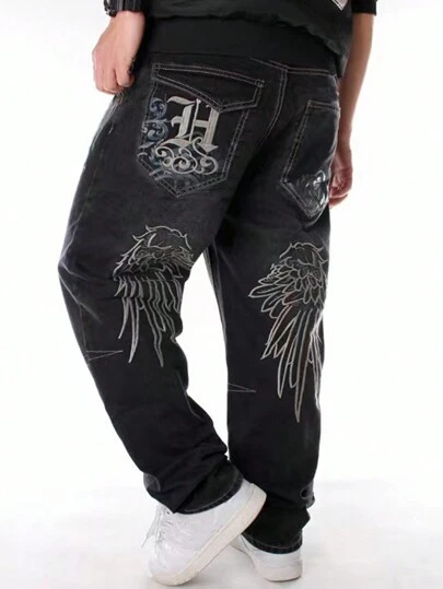 ROMWE MEN Grunge Punk Men's Loose-Fit Wide-Leg Jeans With Letter And Wing Print, Casual And Versatile, School