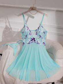 Embroidered Women's Sexy Sleep Lingerie Dress + Thong Panties 2pcs/Set