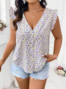 Calvaya Plus Size V-Neck Flutter Sleeve French Style Floral Shirt - Mauve Purple - View 4