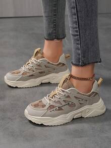 女士运动鞋，撞色皮革拼接装饰，系带设计，轻便透气，适合户外运动，网球鞋 - 彩色 - 查看 5