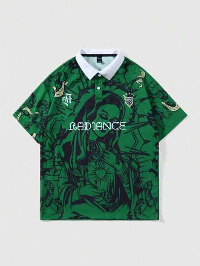 Chemise polo à manches courtes avec motif graphique pour hommes, style de maillot de football, convient pour le port quotidien au printemps et en été, école