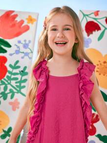 SHEIN Conjuntos Combinando Mãe e Filha (2 peças vendidas separadamente), Menina Jovem: Vestido de Comprimento até o Tornozelo com Babado de Chiffon de Cor Sólida sem Mangas, Estilo de Praia Relaxante, Adequado para Verão, Praia, Piquenique, Passeio em Família, Uso Diário, Combinando com a Mãe - Pink - Visão 3