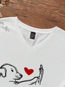 EMERY ROSE Lässiges V-Ausschnitt Pullover Oberteil für Frauen mit Hund Herz Grafik, geeignet für den Sommer