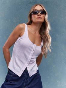 MISSGUIDED Buttoned Seim Sheer Tank Top - Mauve Purple - View 1